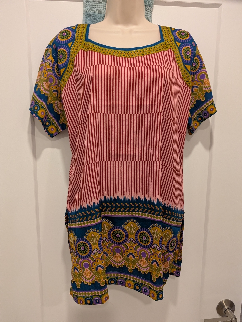 Indian Made Boho Stripe & Floral Tunic Top - Red Multi
